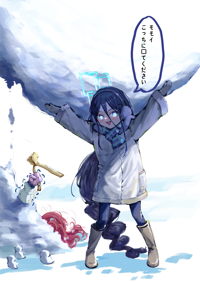 3girls absurdly_long_hair absurdres aqua_eyes aqua_halo aris_(blue_archive) aris_(winter)_(blue_archive) arms_up black_hair black_hairband black_pantyhose blue_archive blue_scarf blush boots bow brown_boots brown_coat brown_mittens buried coat commentary_request earmuffs full_body fur-trimmed_coat fur-trimmed_sleeves fur_trim glowing glowing_eyes hair_between_eyes hair_bow hairband halo highres holding holding_snowball holding_tool kongaru_123 lifting_object long_bangs long_hair long_hair_between_eyes long_sleeves looking_at_viewer low-braided_long_hair low-tied_long_hair mittens momoi_(blue_archive) momoi_(winter)_(blue_archive) multiple_girls official_alternate_costume official_alternate_hairstyle open_mouth oversized_object pantyhose parted_bangs pigeon-toed pink_mittens plaid_clothes plaid_scarf pocket rectangular_halo red_hair scarf smile snow snow_duck snowball solo_focus speech_bubble standing translation_request trembling v-shaped_eyebrows very_long_hair winter winter_clothes winter_coat yuzu_(blue_archive)