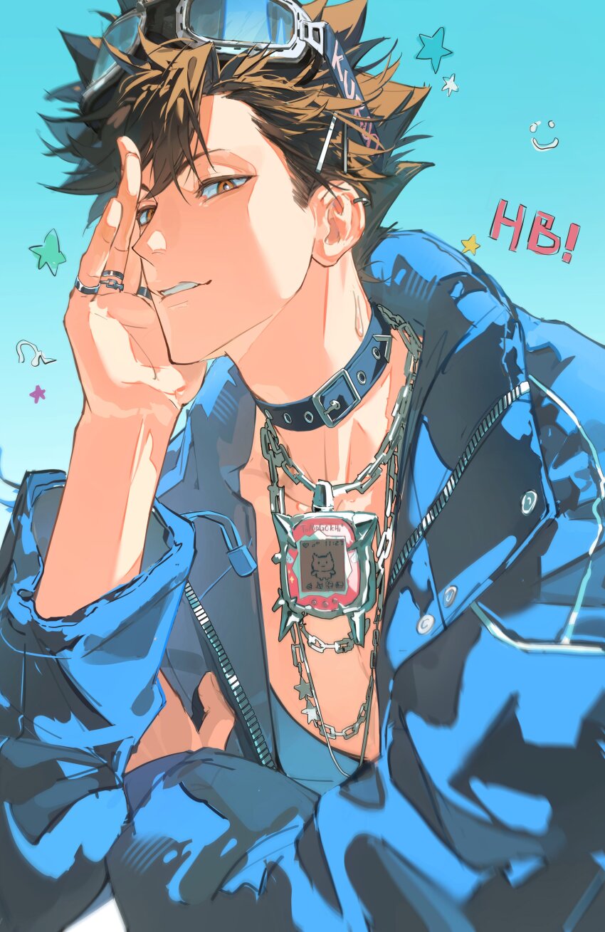 1boy absurdres alternate_costume baozaohuang brown_eyes brown_hair collar commentary_request eyewear_on_head haikyuu!! happy_birthday highres jewelry kuroo_tetsurou looking_at_viewer male_focus multiple_rings necklace ring short_hair solo teeth unzipped