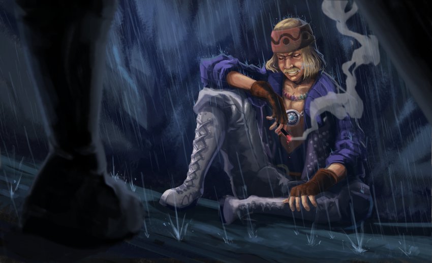 absurdres bad_id bad_twitter_id blonde_hair blue_shirt boots brew.art cigar clenched_teeth closed_eyes dickson_(xenoblade) dutch_angle dying facial_hair headband highres jewelry male_focus mustache necklace nintendo rain shirt sitting smoke solo_focus spoilers standing teeth white_footwear xenoblade_chronicles_(series) xenoblade_chronicles_1