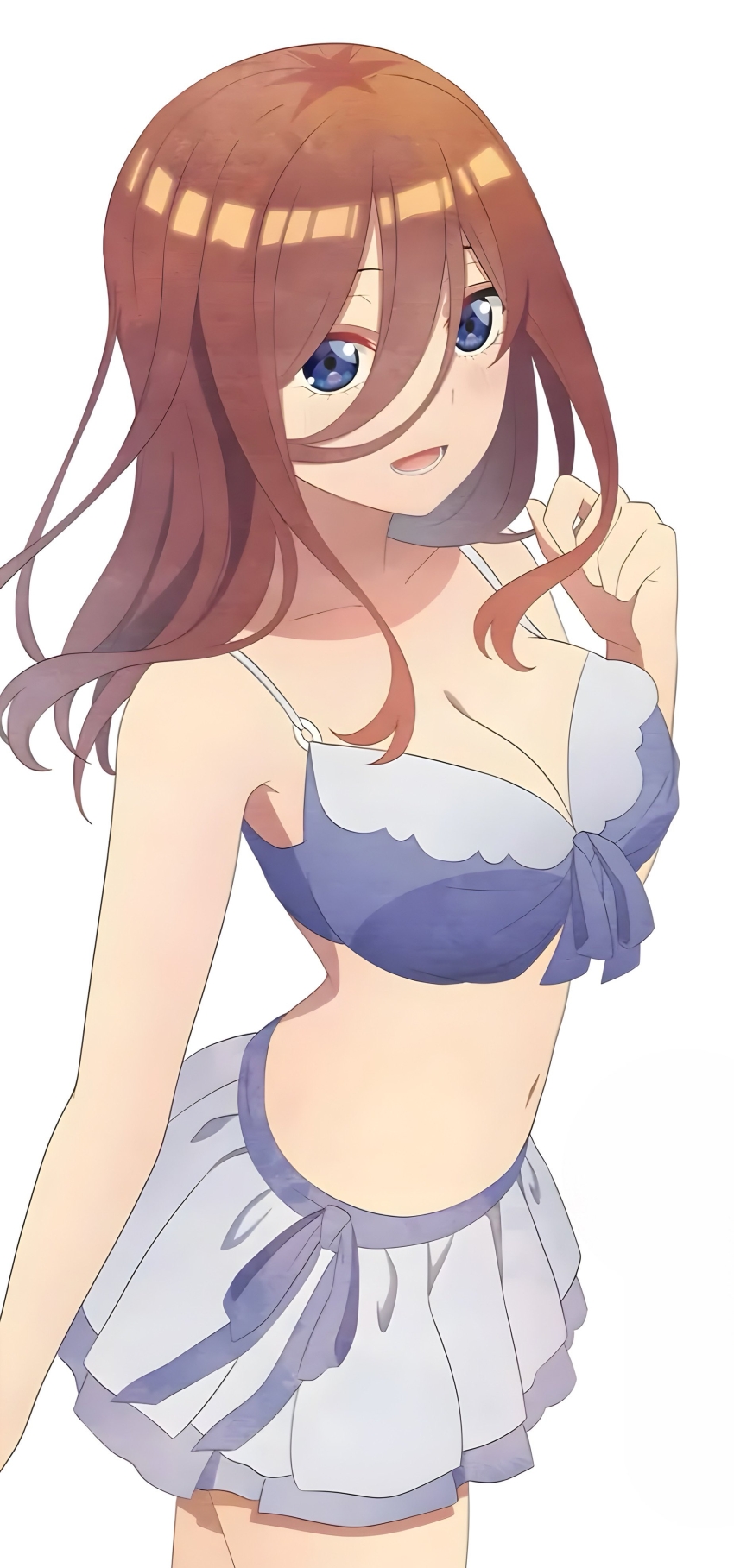 1girl absurdres bare_shoulders bikini blue_bikini blue_eyes breasts brown_hair cleavage collarbone dot_nose female_focus go-toubun_no_hanayome grey_skirt hair_between_eyes highres large_breasts legs long_hair long_image looking_at_viewer lower_teeth_only midriff miniskirt nakano_miku navel official_art open_mouth pleated_skirt simple_background skirt sleeveless smile solo solo_focus stomach swimsuit swimsuit_skirt teeth thighs tongue white_background