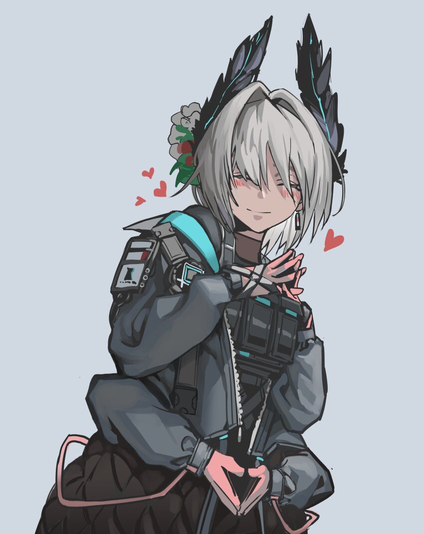 1girl ^_^ absurdres arknights black_jacket blush closed_eyes closed_mouth earrings extra_arms facing_viewer gloves grey_background grey_hair hair_intakes hashtag-only_commentary head_wings heart highres jacket jewelry long_sleeves own_hands_together pink_gloves raidian_(arknights) seueo short_hair simple_background smile solo steepled_fingers wings