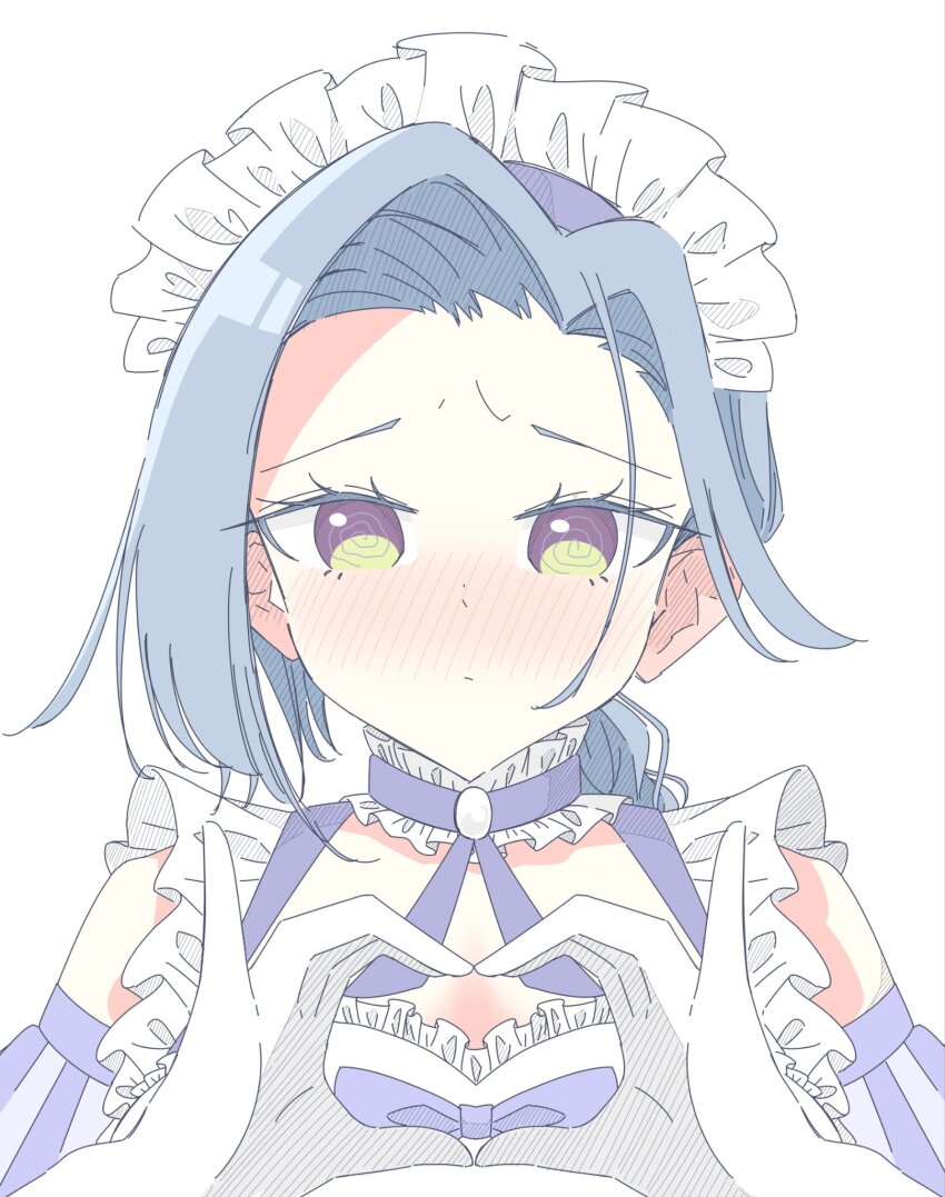 1girl @_@ adapted_costume alicia_(aris_lily0418) alternate_costume assault_lily blue_hair blush braid braided_ponytail closed_mouth collar commentary detached_sleeves dress ear_blush embarrassed enmaided frilled_collar frilled_dress frilled_shirt frills hands_up heart heart_hands highres igusa_subaru long_hair looking_at_viewer low_ponytail maid maid_headdress neck_ribbon nose_blush parted_bangs ponytail portrait purple_eyes purple_ribbon raised_eyebrows ribbon shirt simple_background single_braid sleeveless sleeveless_shirt solo white_background white_collar white_shirt