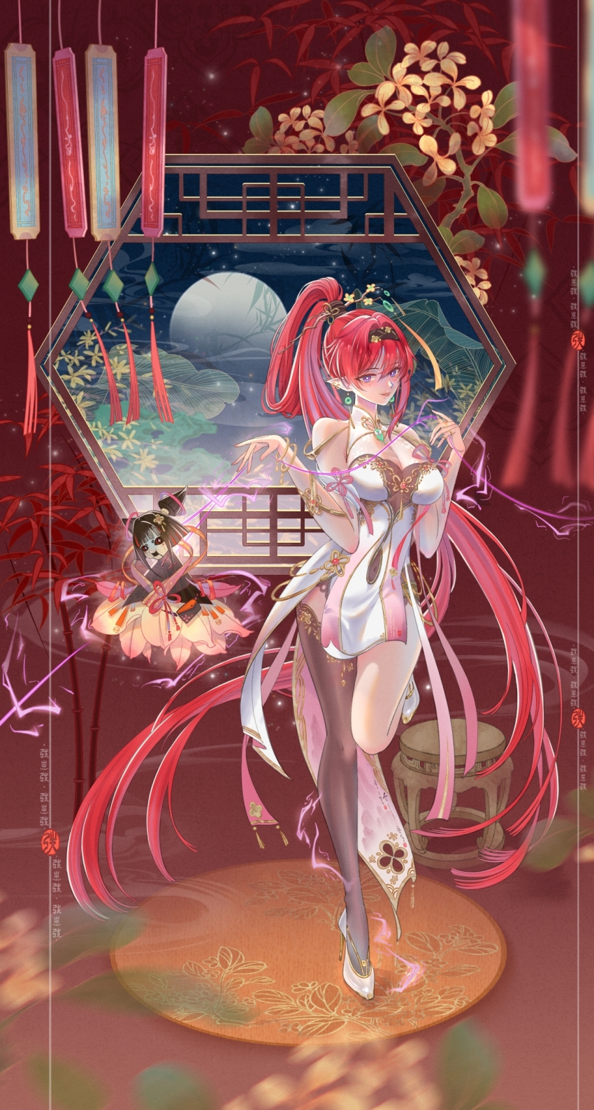 1girl alternate_costume artist_logo artist_name bamboo bamboo_leaf bare_shoulders black_hairband black_thighhighs branch breasts calligraphy china_dress chinese_clothes chinese_commentary cleavage cleavage_cutout clothing_cutout cloud commentary dress earrings facial_mark flower full_moon hair_intakes hair_rings hairband high_heels high_ponytail highres indoors jade_(gemstone) jewelry katsuyamamage large_breasts leaf leaf_print leg_up linea_alba logo long_hair looking_at_viewer mark_under_both_eyes moon mountain_print navel_peek night night_sky palm_leaf pointy_ears ponytail print_dress puppet puppet_strings purple_eyes red_background red_hair rug short_dress single_bare_leg single_thighhigh sky solo standing standing_on_one_leg star_(sky) stiletto_heels stomach_cutout stool taozaitao thighhighs very_long_hair watermark white_dress white_footwear window wuthering_waves yellow_flower yinlin_(wuthering_waves) zapstring_(wuthering_waves)