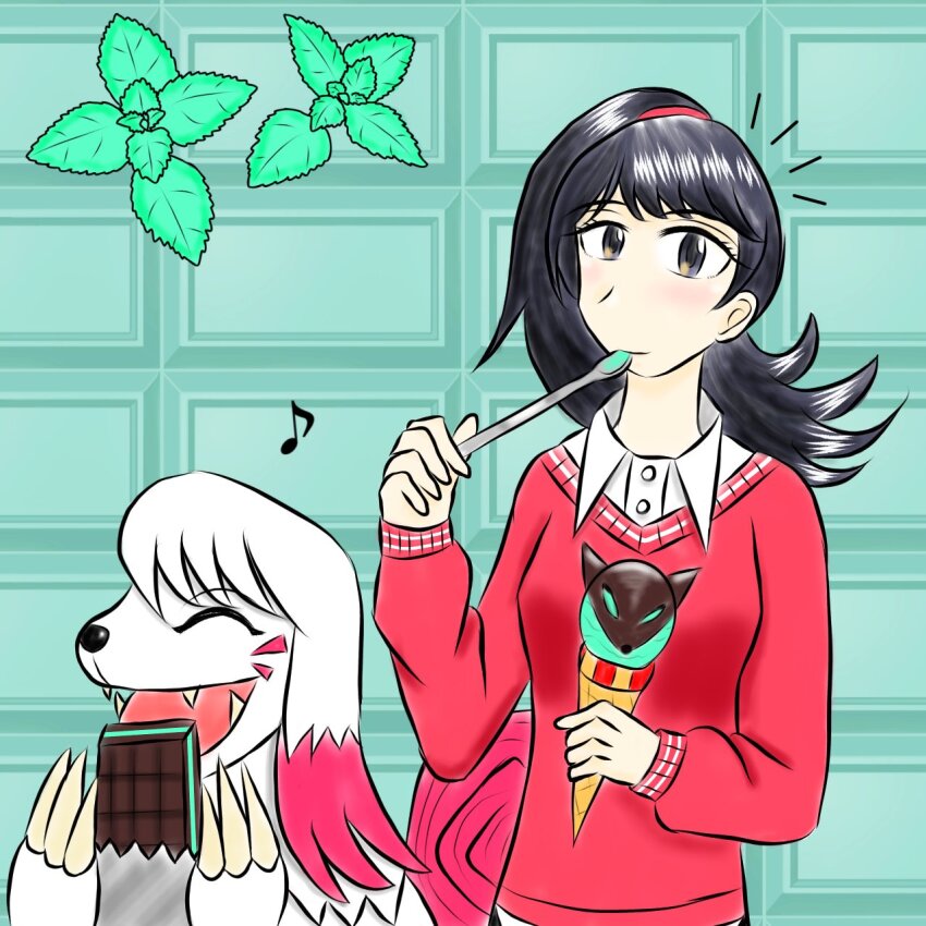 black_hair closed_eyes digimon digimon_(creature) dog food highres ice_cream labramon sharp_teeth shibuya_aoi smile teeth