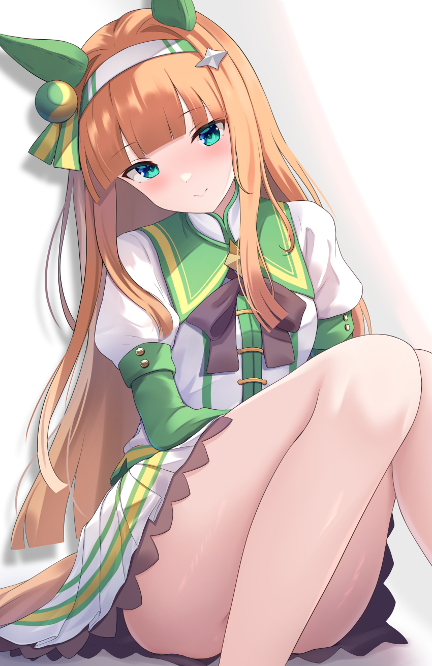 1girl absurdres animal_ears blunt_bangs blush closed_mouth ear_covers hairband highres horse_ears horse_girl legs long_hair looking_at_viewer maimuu orange_hair silence_suzuka_(umamusume) sitting skirt smile solo thighs umamusume white_hairband white_skirt
