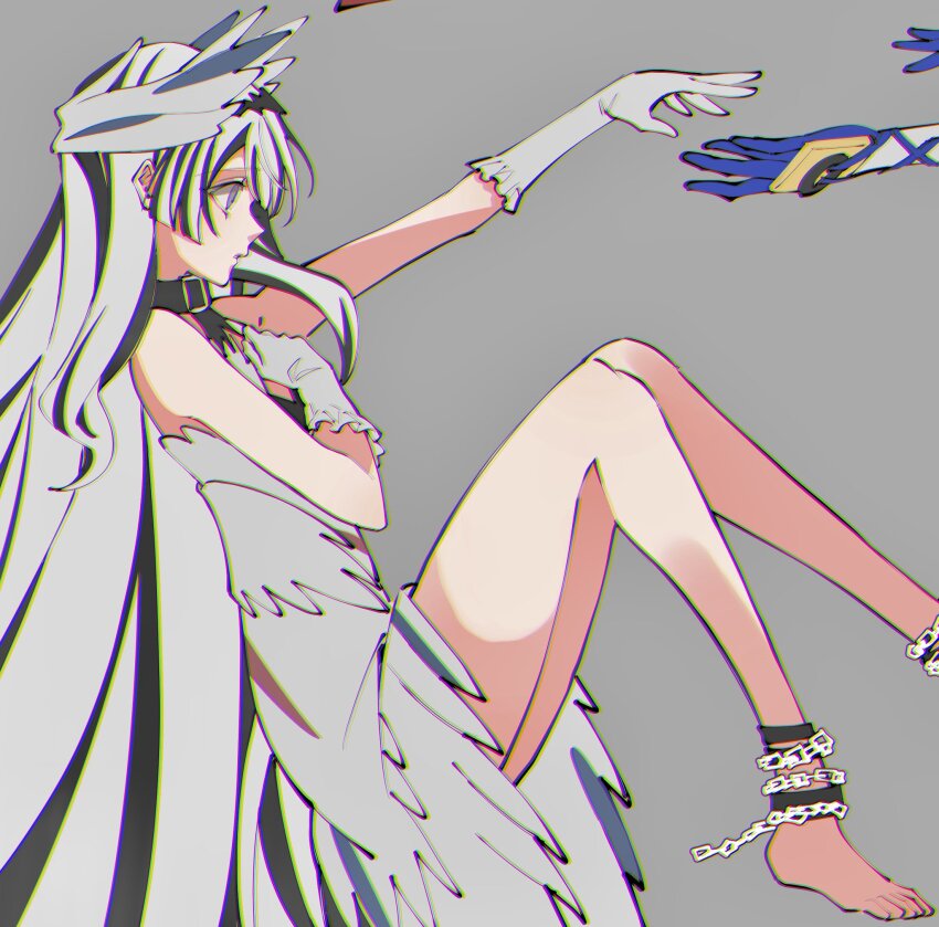1girl 1other alear_(fire_emblem) black_choker black_hair chained_legs choker fire_emblem fire_emblem_engage grey_hair hair_ornament highres illust_mi long_hair multicolored_hair nintendo purple_eyes solo_focus split-color_hair two-tone_hair very_long_hair veyle_(fire_emblem) wavy_hair wing_hair_ornament