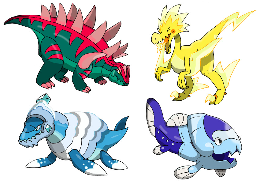 &gt;_&lt; absurdres alternate_universe arctovish arctozolt black_eyes claws closed_mouth commentary_request dinosaur dracovish dracozolt dunkleosteus game_freak gen_8_pokemon highres mosasaurus nintendo no_humans open_mouth pokemon pokemon_(creature) saurasu simple_background spikes standing stegosaurus tongue velociraptor white_background