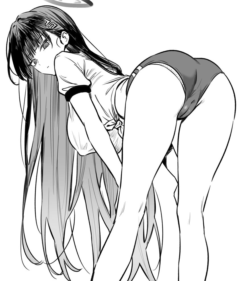 1girl ass bent_over blue_archive blunt_bangs breasts buruma cameltoe commentary covered_erect_nipples gym_uniform hair_ornament hairclip halo highres large_breasts long_hair looking_at_viewer midriff monochrome panties panty_peek peko25jita rio_(blue_archive) simple_background solo underwear very_long_hair white_background