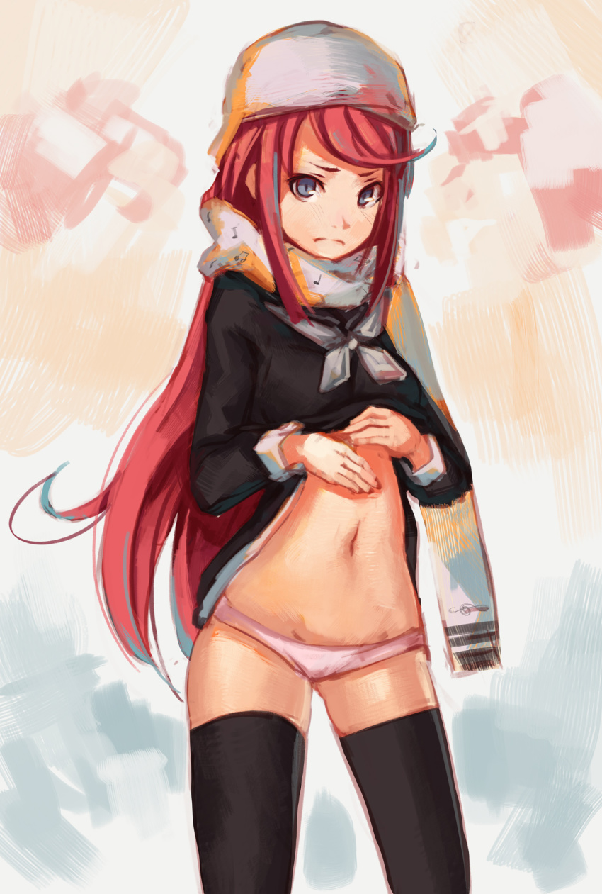 10s 1girl ban_airi beanie black_thighhighs blue_eyes clothes_lift devil_survivor_(series) devil_survivor_2 dress dress_lift female_focus hat highres long_hair navel no_pants panties pink_hair pink_panties scarf shirt_lift softmode solo stomach thighhighs underwear