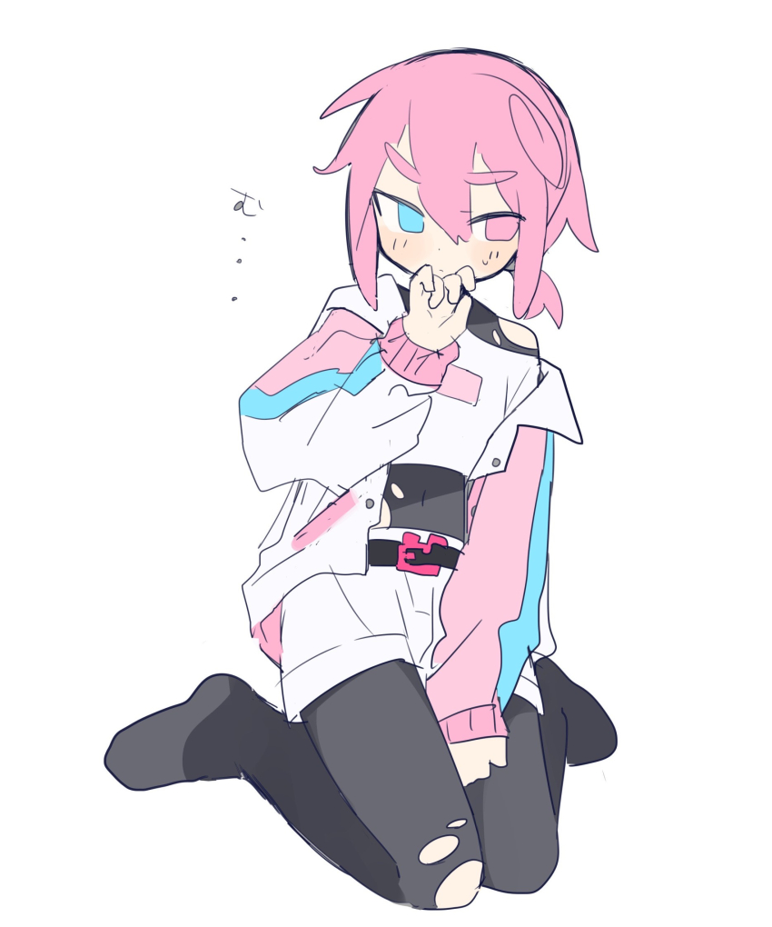 1boy belt black_belt black_bodysuit blue_eyes blush bodysuit chromatic_aberration commentary_request covered_navel crop_top flat_color hand_on_own_chin highres jacket low_ponytail male_focus open_clothes open_jacket original pink_eyes pink_hair ponytail raito-kun_(uenomigi) shirt short_hair short_ponytail shorts simple_background sitting solo sweat torn_bodysuit torn_clothes uenomigi white_background white_jacket white_shirt white_shorts