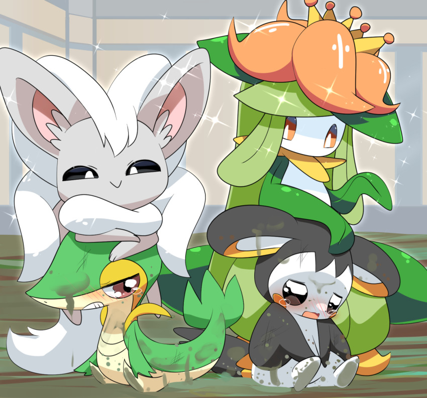 :&gt; black_sclera blush cinccino closed_mouth colored_sclera commentary_request crown dirty emolga flower full_body gen_5_pokemon highres leaf lets0020 lilligant looking_at_another mouse_(animal) mud nintendo no_humans nose_blush open_mouth orange_flower pokemon pokemon_(creature) smile smug snivy sparkle tearing_up