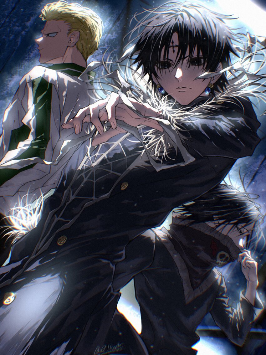 3boys absurdres black_eyes black_hair black_jacket blonde_hair chrollo_lucilfer closed_mouth covered_mouth facial_tattoo feitan_portor highres hunter_x_hunter ikzo jacket long_sleeves male_focus multiple_boys phinks_magcub signature tattoo