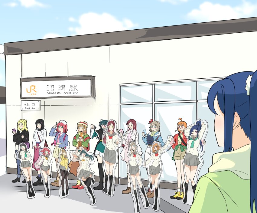 6+girls absurdres ahoge akira_hjk april_fools aqua_eyes aqua_neckerchief arms_up black_boots black_hair black_jacket blonde_hair blue_hair blue_jacket blue_pants blunt_bangs boots bow bowtie braid breasts brown_dress brown_hair brown_skirt cardigan cellphone character_charm charm_(object) coat commentary_request crown_braid dress elbow_carry flower green_jacket grey_sailor_collar grey_skirt hair_flower hair_ornament hair_petal hair_rings hairclip hat high_ponytail highres holding holding_phone hop?_stop?_nonstop! jacket kunikida_hanamaru kurosawa_dia kurosawa_ruby leather leather_jacket long_dress long_hair long_sleeves love_live! love_live!_sunshine!! love_live!_sunshine!!_the_school_idol_movie_over_the_rainbow low_twintails matsuura_kanan medium_breasts medium_hair miniskirt mole mole_under_mouth multiple_girls neckerchief numazu ohara_mari open_clothes open_coat open_jacket orange_bow orange_bowtie orange_hair outdoors outstretched_arms pants phone pink_shirt pleated_skirt ponytail purple_bag purple_eyes real_world_location red_bow red_bowtie red_eyes red_hair red_jacket red_neckerchief sailor_collar sakurauchi_riko school_uniform shirt short_hair side_braid sidelocks single_hair_ring skirt smartphone spread_arms standing sweater takami_chika tsushima_yoshiko turtleneck turtleneck_sweater twintails two_side_up uranohoshi_school_uniform watanabe_you white_coat white_hat white_jacket white_pants white_shirt white_sweater winter_uniform yellow_cardigan