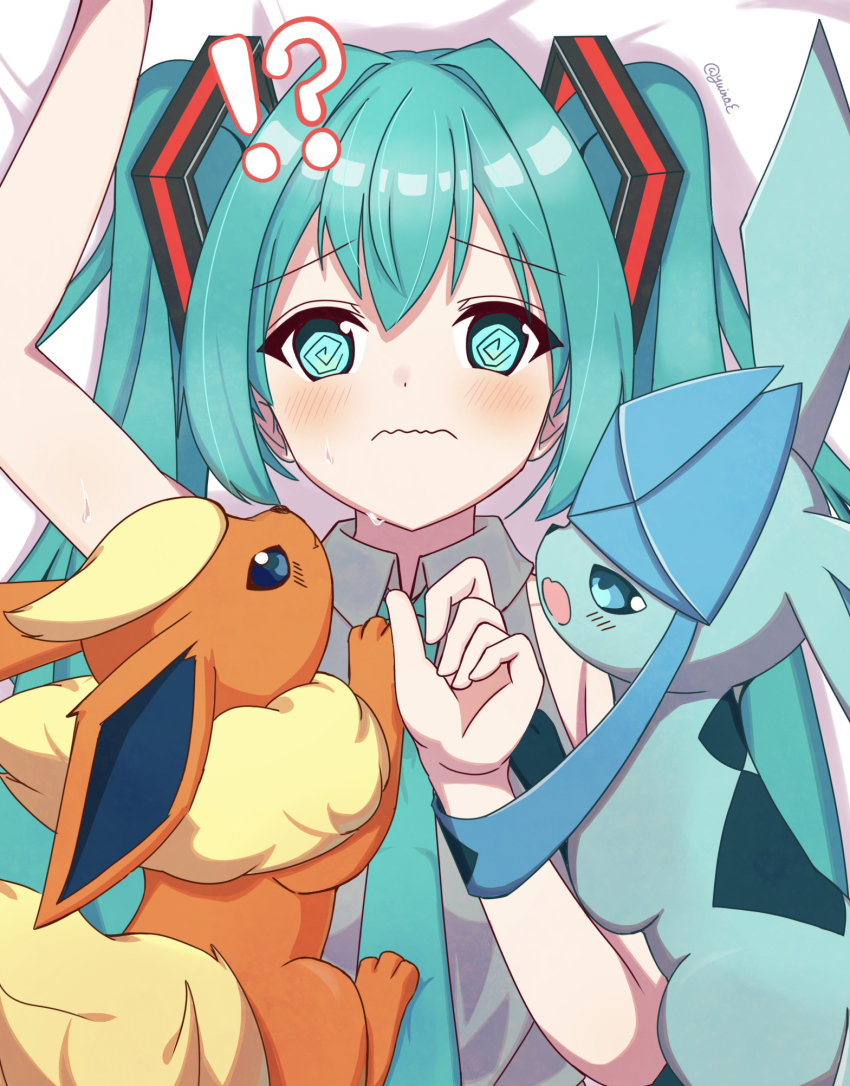 !? 1girl 2others @_@ animal_ears aqua_eyes aqua_hair aqua_necktie arm_up blush closed_mouth collarbone crossover flareon fluffy gen_1_pokemon gen_4_pokemon glaceon grey_shirt hair_between_eyes hair_ornament hatsune_miku highres long_hair lying multiple_others necktie nintendo on_back pokemon pokemon_(creature) shirt sleeveless sleeveless_shirt sweat twintails very_long_hair vocaloid yuin0