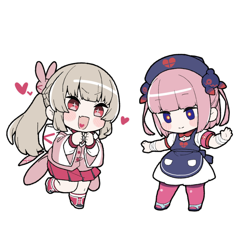 2girls akichi_360 apron armband bandaged_wrists blue_apron blue_eyes blunt_bangs blush chibi clenched_hands closed_mouth cosplay costume_switch cross-shaped_pupils dress fang fish_hair_ornament foot_up hair_ornament hands_up hat heart heart_in_mouth highres hood hood_down hooded_jacket jacket kaf_(kamitsubaki_studio) kamitsubaki_studio laplace_(kamitsubaki_studio) layered_sleeves light_brown_hair long_hair long_sleeves multicolored_eyes multicolored_jacket multiple_girls natori_sana nurse nurse_cap open_mouth pantyhose pink_eyes pink_hair pink_jacket pink_pantyhose pink_skirt pleated_skirt ponytail rabbit_hair_ornament red_eyes sana_channel short_hair short_over_long_sleeves short_sleeves simple_background skin_fang skirt smile standing standing_on_one_leg symbol-shaped_pupils two_side_up v-shaped_eyebrows virtual_youtuber white_background white_dress white_jacket yellow_pupils