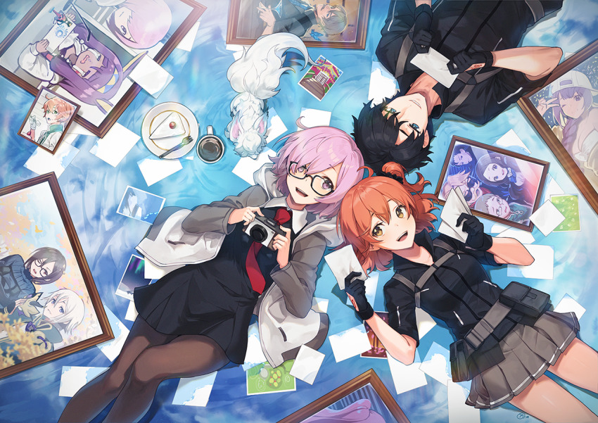 1boy 2girls :d ahoge akuta_hinako bb_(fate) bb_(swimsuit_mooncancer)_(fate) bb_(swimsuit_mooncancer)_(first_ascension)_(fate) belt belt_pouch black-framed_eyewear black_dress black_gloves black_hair black_shirt blue_eyes breasts brown_eyes brown_legwear brown_skirt cake cake_slice camera coffee coffee_mug collared_shirt commentary creature cup dress fate/grand_order fate_(series) food fork fou_(fate) fujimaru_ritsuka_(female) fujimaru_ritsuka_(female)_(polar_chaldea_uniform) fujimaru_ritsuka_(male) fujimaru_ritsuka_(male)_(polar_chaldea_uniform) glasses gloves goredolf_musik grin hair_ornament hair_scrunchie holding holding_camera hood hood_down hooded_jacket jacket james_moriarty_(archer)_(fate) james_moriarty_(gray_collar)_(fate) jingle_abel_meuniere leonardo_da_vinci_(fate) leonardo_da_vinci_(fate/grand_order) leonardo_da_vinci_(rider)_(fate) long_sleeves looking_at_viewer lying mash_kyrielight medium_breasts miniskirt mug multiple_girls nagu necktie nitocris_(fate) oda_nobukatsu_(fate) on_back one_side_up open_clothes open_jacket open_mouth orange_hair pantyhose paper photo_(object) picture_frame plate pleated_skirt pouch prince_of_lan_ling_(fate) purple_eyes purple_hair red_neckwear romani_archaman scrunchie sherlock_holmes_(fate) shirt short_hair short_sleeves skirt smile wing_collar yu_mei-ren_(fate)