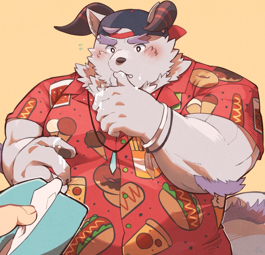 1boy animal_ears backwards_hat bara baseball_cap behemoth_(housamo) blush burger collared_shirt curled_horns donut_print food food_on_face food_on_hand food_print grey_fur hat highres horns hot_dog ice_cream_print jewelry licking licking_finger looking_at_viewer male_focus muscular muscular_male napkin neck_fur orange_background pawpads pendant pizza pizza_print pizza_slice pov pov_hands red_shirt sawch_cls shirt short_sleeves simple_background solo thick_eyebrows tokyo_houkago_summoners upper_body