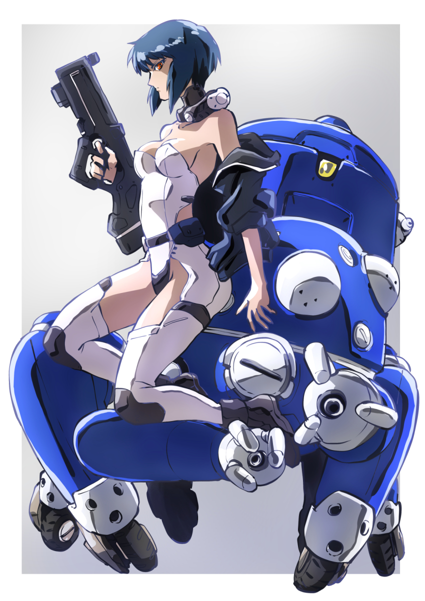 1girl blue_hair border breasts bullpup cleavage commentary_request ghost_in_the_shell gradient_background grey_background gun highres holding holding_gun holding_weapon kusanagi_motoko leotard looking_at_viewer medium_breasts orange_eyes serious short_hair tachikoma taiga_hiroyuki tanaka_atsuko weapon white_border