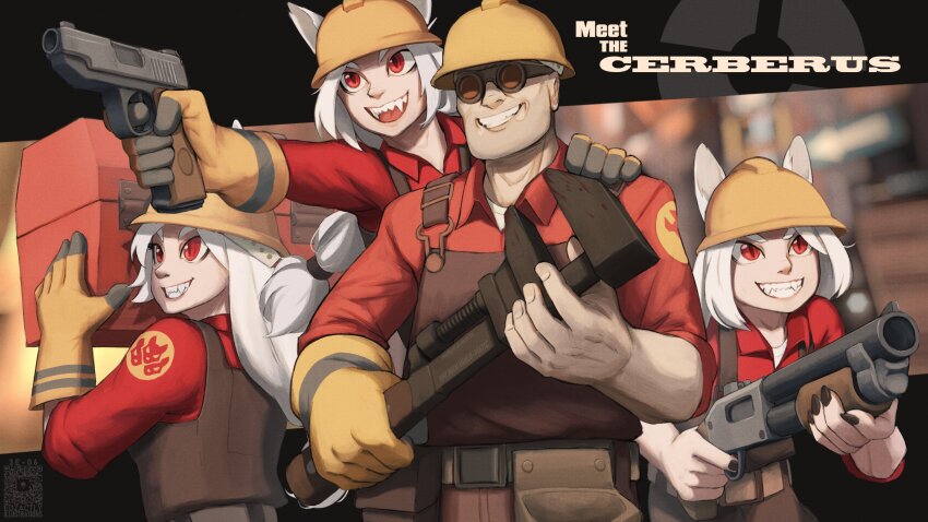 1boy 3girls animal_ears black_nails cerberus_(helltaker) cosplay dog_ears dog_girl dog_tail edzactly engineer_(tf2) engineer_(tf2)_(cosplay) fangs gloves goggles grin gun handgun hard_hat helltaker helmet highres holding holding_gun holding_weapon holding_wrench long_hair multiple_girls open_mouth red_engineer_(tf2) red_eyes red_shirt shirt shotgun single_glove smile tail team_fortress_2 weapon white_hair wrench yellow_gloves