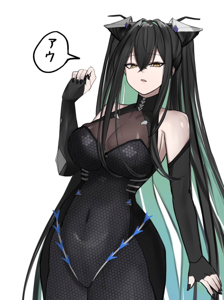 1girl black_bodysuit black_gloves black_hair black_nails bodysuit breasts cleavage commentary_request covered_navel elbow_gloves fingerless_gloves gloves goddess_of_victory:_nikke green_hair highres large_breasts little_mermaid_(nikke) long_hair multicolored_hair parted_lips rebanira0330 see-through_cleavage see-through_clothes simple_background solo speech_bubble translation_request two-tone_hair very_long_hair white_background yellow_eyes