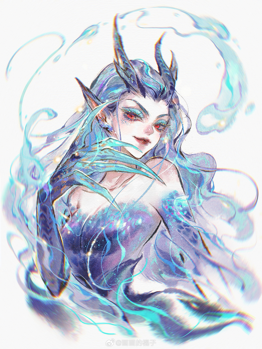 1girl absurdres ao_run_(nezha_zhi_motong_jiangshi) aqua_eyeshadow artist_name bare_arms bare_shoulders blue_dress blue_hair blue_horns blue_scales breasts claws cleavage closed_mouth collarbone colored_eyelashes cropped_torso dragon_girl dragon_horns dress eastern_dragon_horns eyeshadow finger_to_head floating_hair hair_slicked_back hand_up highres horns huahua_de_gunzi_jintian_zuo_yundong_liao_ma huge_claws long_hair long_sidelocks looking_at_viewer makeup medium_breasts nezha_zhi_motong_jiangshi pointy_ears red_eyes red_lips seductive_smile sidelocks simple_background sleeveless sleeveless_dress smile solo strapless strapless_dress upper_body very_long_hair water watermark wavy_hair weibo_username weibo_watermark white_background