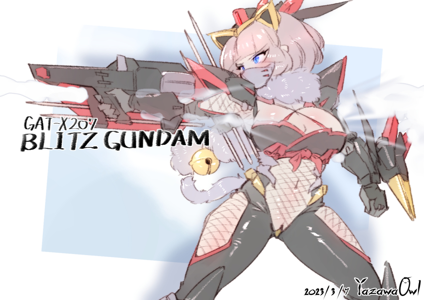 1girl animal_ears artist_name bell black_gloves blitz_gundam blue_eyes blush bodystocking breasts cat_ears cat_tail character_name cleavage clenched_hand covered_navel dated fake_animal_ears fishnets fur_scarf gloves grey_hair grey_scarf gun gundam gundam_seed highres holding holding_gun holding_weapon humanization large_breasts looking_to_the_side mask mecha_musume mechanical_ears mouth_mask scarf short_hair solo tail weapon yazawa_owl