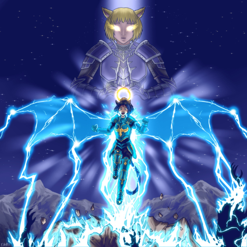 2girls animal_ears armor blonde_hair blue_hair cat_ears cat_tail dragoon_(final_fantasy) eldrik_aethervial electricity final_fantasy final_fantasy_xiv flying glowing glowing_eyes green_eyes highres miqo&#039;te multiple_girls night night_sky sky summoner_(final_fantasy) tail wings