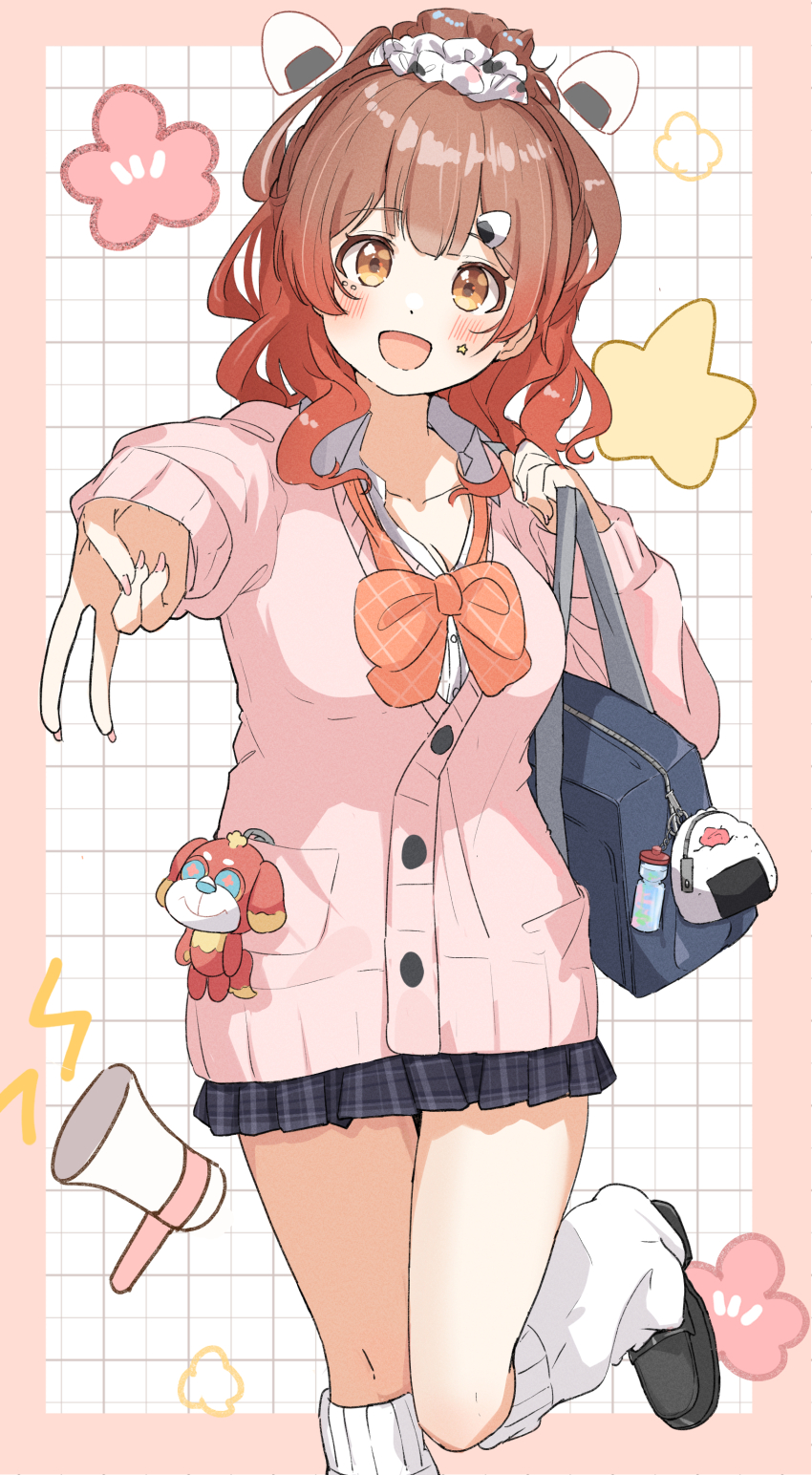 1girl absurdres ahoge black_overskirt blue_ribbon blush breasts brown_eyes brown_hair cardigan gakuen_idolmaster gradient_hair gyaru hair_bun hair_ornament hair_scrunchie hanami_ume highres idolmaster large_breasts long_sleeves looking_at_viewer loose_socks multicolored_hair pink_cardigan plaid_clothes plaid_skirt pleated_skirt ponytail raichita ribbon school_uniform scrunchie shirt single_side_bun skirt smile socks solo stuffed_toy v white_shirt