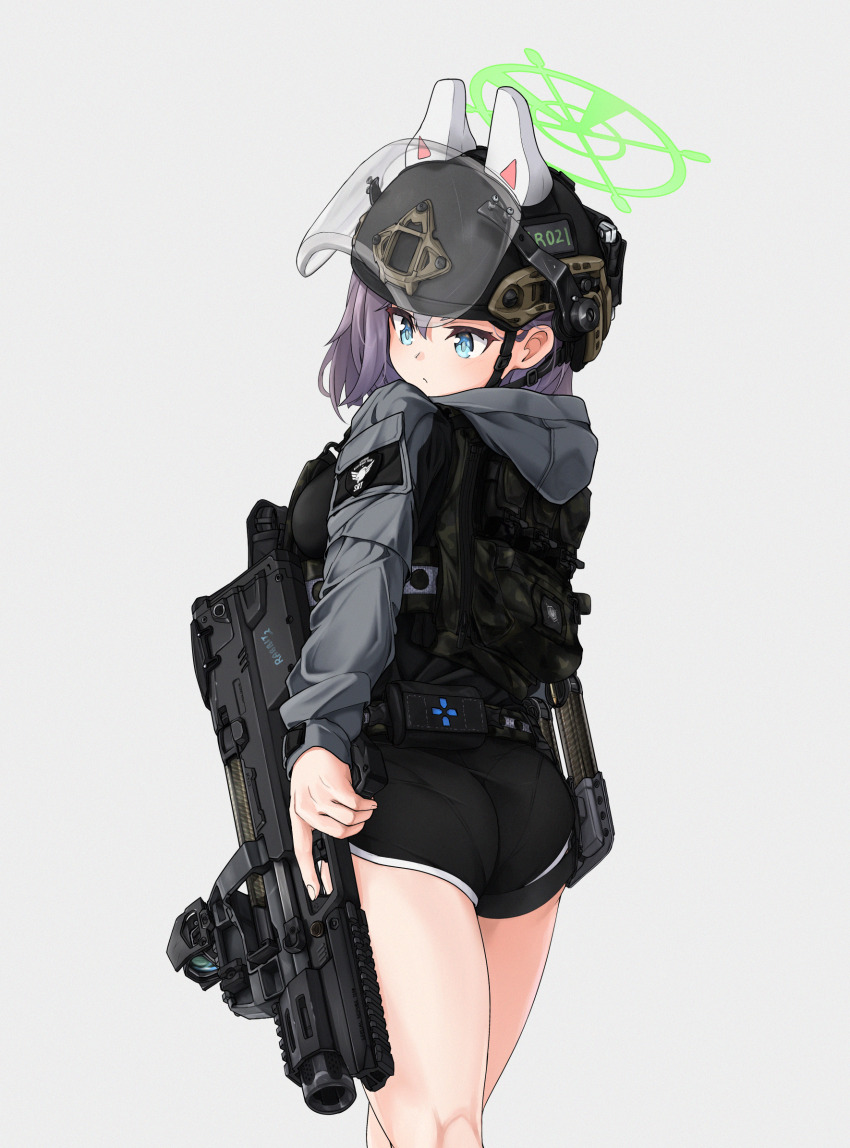1girl ammunition_pouch animal_ears ass belt belt_pouch black_shorts blue_archive blue_eyes breasts closed_mouth clov3r commentary_request dolphin_shorts face_shield fake_animal_ears feet_out_of_frame green_halo grey_hoodie gun hair_between_eyes halo helmet highres holding holding_gun holding_weapon hood hood_down hoodie korean_commentary legs_together load_bearing_vest long_sleeves medium_breasts pantylines pouch purple_hair rabbit_ears saki_(blue_archive) short_shorts shorts simple_background solo standing submachine_gun trigger_discipline turning_head utility_belt weapon weapon_request