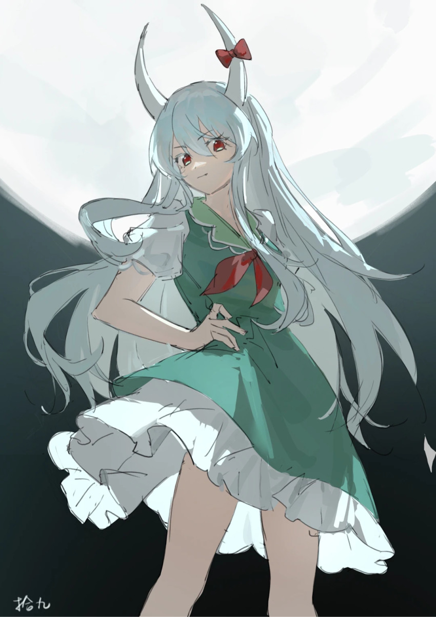 1girl bow chinese_commentary closed_mouth cowboy_shot dress ex-keine full_moon green_dress grey_hair hand_on_own_hip highres horn_bow horn_ornament horns kamishirasawa_keine long_hair looking_at_viewer moon neckerchief puffy_short_sleeves puffy_sleeves red_bow red_neckerchief shijiu_(shizuoxing) shirt short_sleeves signature touhou very_long_hair white_shirt
