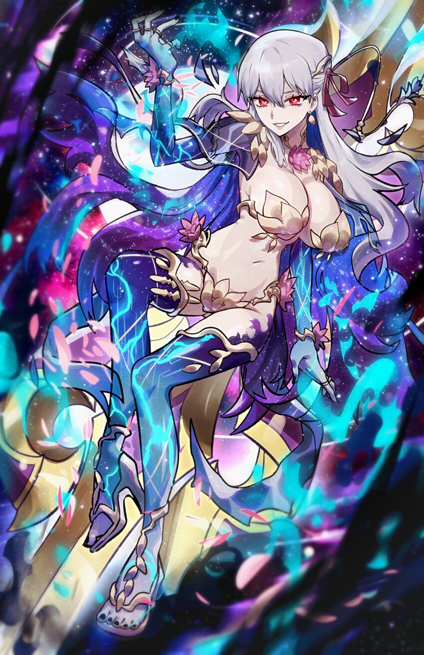 1girl absurdres armor bikini_armor black_nails blue_fire breasts cleavage colored_inner_hair commentary english_commentary fate/grand_order fate_(series) fingernails fire grin hair_between_eyes hair_ribbon highres kama_(fate) kama_(third_ascension)_(fate) large_breasts long_hair looking_at_viewer multicolored_hair navel pink_ribbon purple_hair red_eyes ribbon ryairyai smile solo stomach toenails toes two-tone_hair very_long_hair white_hair
