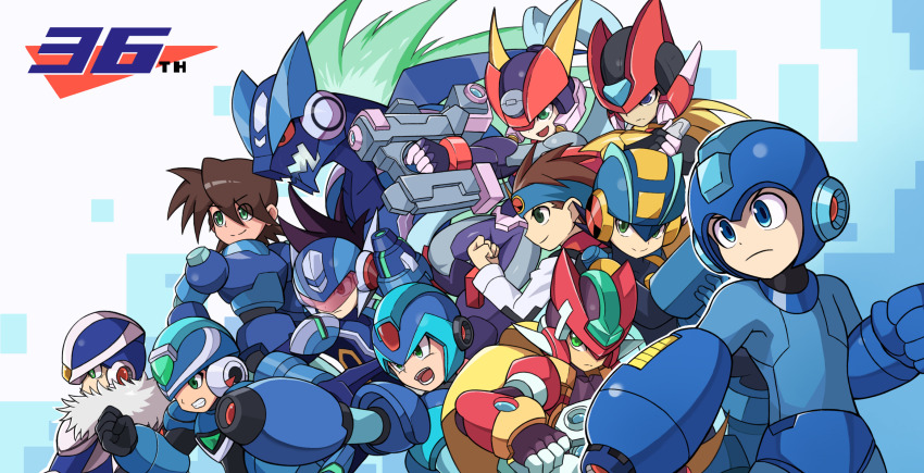 1girl 6+boys anniversary arm_cannon armor ashe_(mega_man) black_bodysuit blonde_hair blue_eyes blue_headwear blue_helmet bodysuit dark-skinned_male dark_skin dual_wielding everyone forehead_jewel geo_stelar_(mega_man) green_eyes gun head-mounted_display helmet highres holding holding_gun holding_weapon in-franchise_crossover lan_hikari_(mega_man) long_hair mega_man_(character) mega_man_(series) mega_man_battle_network_(series) mega_man_legends_(series) mega_man_star_force_(series) mega_man_volnutt mega_man_x_(series) mega_man_zero_(series) mega_man_zx mega_man_zx_advent megaman.exe megaman_(pachislot_rockman_ability) model_a_(mega_man) model_zx_(mega_man) multiple_boys omega-xis_(mega_man) over-1_(mega_man) pachislot_rockman_ability power_armor red_headwear red_helmet rockman_xover shoyu-z smile star_force_mega_man vent_(mega_man) weapon x_(mega_man) z_saber zero(z)_(mega_man) zero_(mega_man)