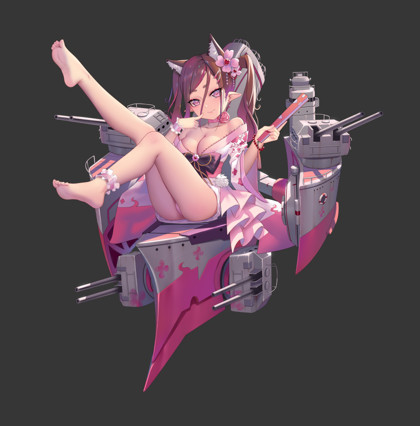 1girl abyss_horizon animal_ear_fluff animal_ears ankle_cuffs ass bare_shoulders barefoot breasts brown_hair cannon character_request choker cleavage closed_mouth collarbone feet female_focus fingernails flower folded_fan folding_fan hair_between_eyes hair_ornament hairclip hand_fan head_tilt highres hk_(hk) holding holding_fan japanese_clothes kimono knee_up leg_up legs long_hair machinery medium_breasts multicolored_hair off_shoulder open_clothes open_kimono pink_choker pink_flower pink_rose red_hair rose short_eyebrows smile soles solo streaked_hair thick_eyebrows turret twintails white_kimono wrist_cuffs