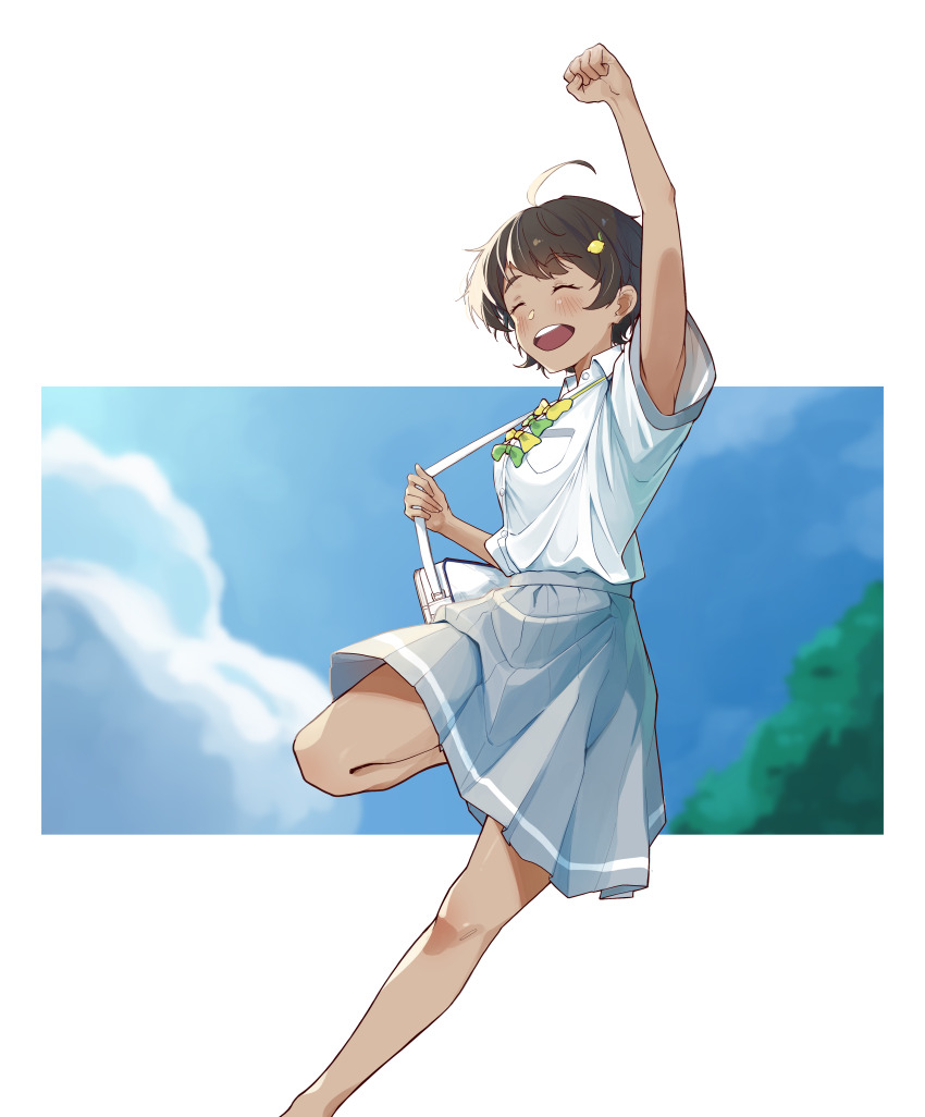 1girl absurdres ahoge bag black_hair blue_sky bow bowtie cloud collared_shirt dark-skinned_female dark_skin dress dress_shirt feet_out_of_frame food-themed_hair_ornament green_bow green_bowtie grey_skirt hair_ornament highres lemon_hair_ornament make_heroine_ga_oo_sugiru! one_eye_closed pleated_dress raised_fist school_uniform shirt short_hair skirt sky smile snow_hawkeye solo summer_uniform tan tsuwabuki_high_school_uniform white_shirt yakishio_lemon yellow_bow yellow_bowtie