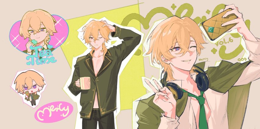 1boy aventurine_(anan)_(honkai:_star_rail) aventurine_(honkai:_star_rail) black_pajamas blonde_hair blue_eyes brown_background cellphone chibi chibi_inset commentary cup green_jacket green_necktie grin hand_on_own_head headphones headphones_around_neck heart highres holding holding_cup holding_phone honkai:_star_rail honkai_(series) jacket long_sleeves male_focus medium_hair mullet multicolored_eyes multiple_views necktie one_eye_closed open_clothes open_shirt outline pajamas phone pink_eyes shirt smile taking_picture tuzaixia two-tone_eyes v white_shirt yellow_background