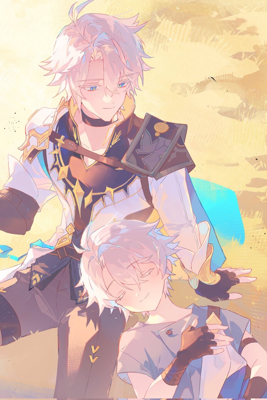 2boys armor blue_eyes child closed_eyes closed_mouth coat dual_persona grey_hair grey_shirt half-closed_eyes highres honkai:_star_rail honkai_(series) lying male_focus multiple_boys parted_bangs pauldrons phainon_(honkai:_star_rail) shiita34 shirt short_sleeves shoulder_armor single_pauldron smile white_coat yellow_pupils