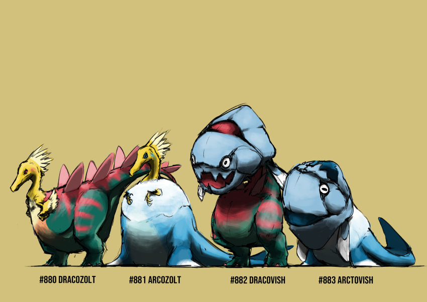 absurdres animal_focus arctovish arctozolt black_eyes blacknirrow blue_eyes character_name closed_mouth dinosaur dracovish dracozolt english_text fangs full_body gen_8_pokemon highres horizontal_pupils nintendo no_humans open_mouth pokedex_number pokemon pokemon_(creature) realistic red_eyes simple_background sketch skin_fangs standing yellow_background