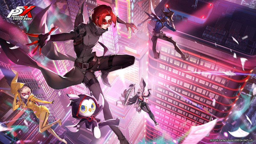 2boys 2girls absurdres animal arai_motoha artist_request bird black_hair black_jacket black_pants blonde_hair building closer_(p5x) gloves highres hood hood_up jacket kamishiro_nagisa kanou_shun long_hair long_sleeves lufel_(p5x) multiple_boys multiple_girls official_art owl pants persona persona_5 persona_5:_the_phantom_x red_eyes red_hair short_hair soy_(p5x) tanemura_riko third-party_source wind_(p5x) wonder_(p5x)