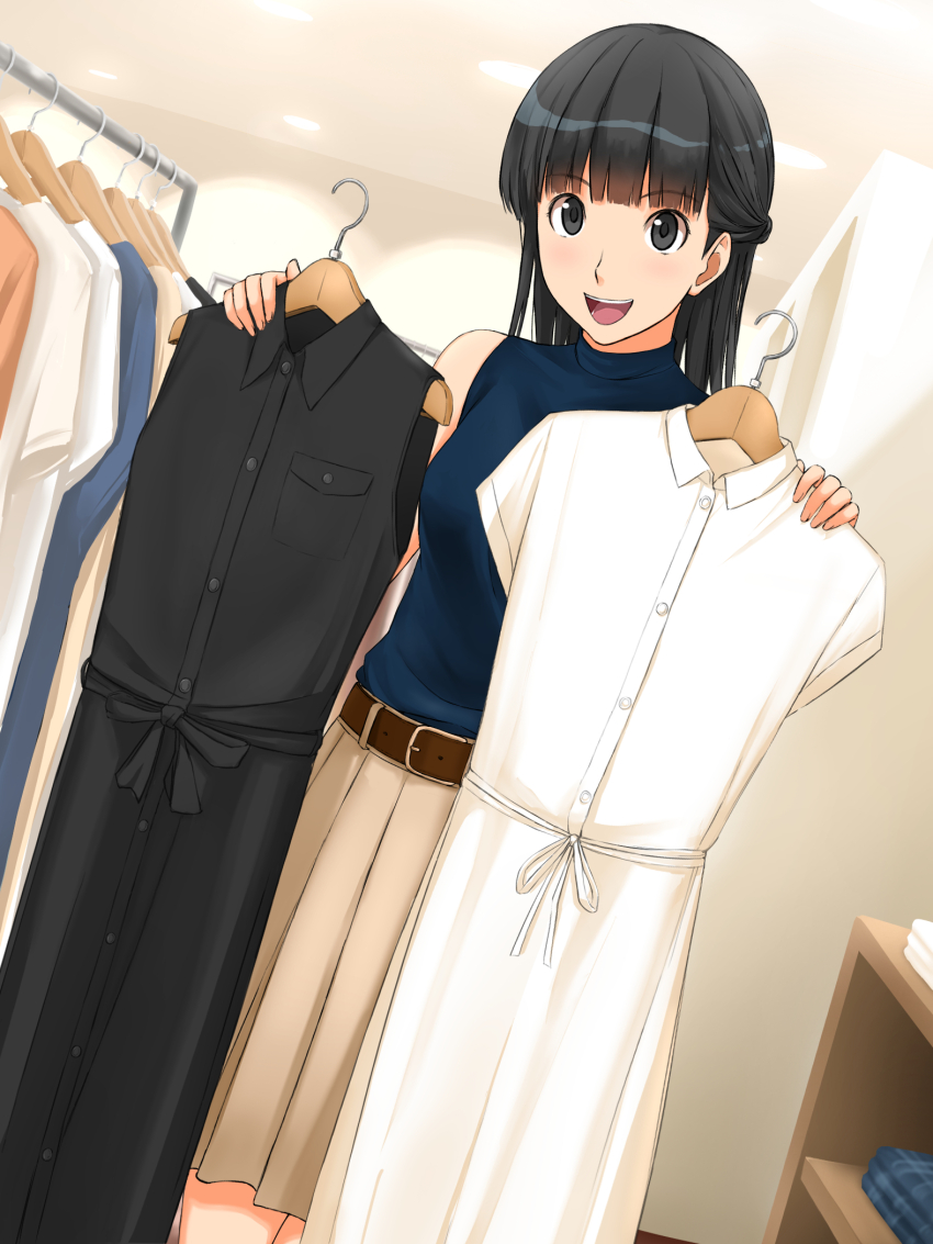 1girl alternate_costume alternate_hairstyle amagami ayatsuji_tsukasa belt black_eyes black_hair blue_skirt braid clothes_hanger clothes_rack clothes_shop commentary dress half_up_braid highres holding holding_clothes_hanger holding_unworn_clothes holding_unworn_dress indoors long_hair looking_at_viewer open_mouth pleated_skirt shirt shopping skirt sleeveless sleeveless_shirt smile solo standing takenoko_saba_otto unworn_dress white_skirt