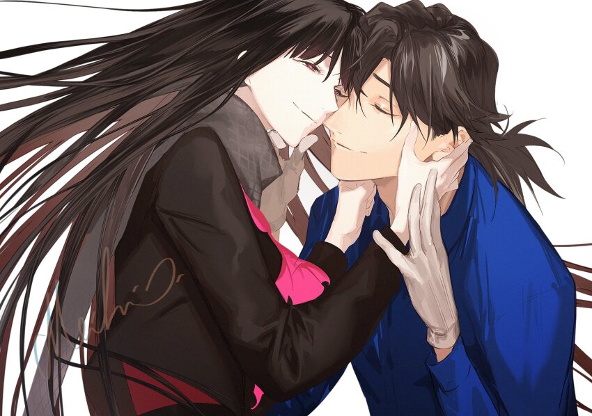 1boy 1girl black_hair blue_shirt cheek-to-cheek closed_eyes fate/grand_order fate_(series) gloves grey_scarf hand_on_another&#039;s_cheek hand_on_another&#039;s_face heads_together highres long_hair long_sleeves low_ponytail oryou_(fate) ponytail red_eyes sakamoto_ryouma_(fate) scarf shirt smile white_gloves ziege113