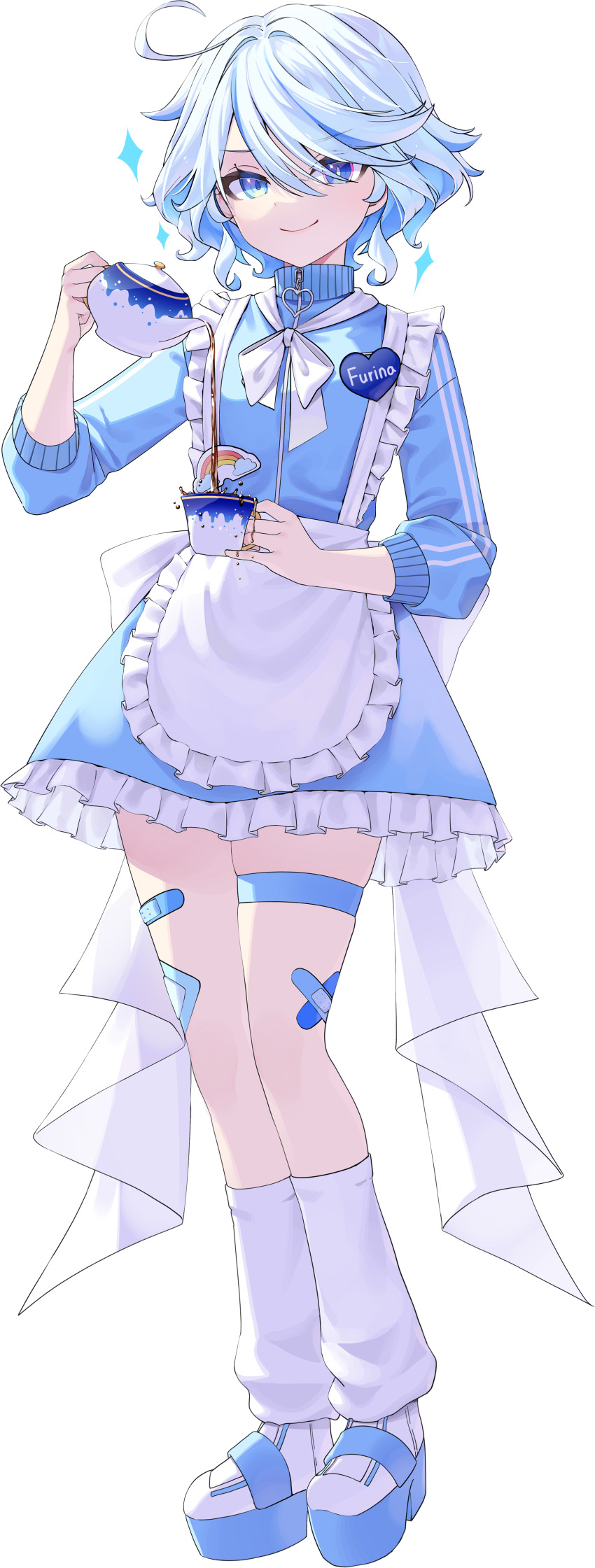1girl absurdres alternate_costume apron badge bandaid bandaid_on_leg blue_eyes blue_hair blue_jacket blue_shoes blue_skirt button_badge buttons cup drop-shaped_pupils eyelash_ornament furina_(genshin_impact) genshin_impact heart_button heterochromia highres holding holding_cup holding_teapot jacket jersey_maid kkochmanyeo leg_warmers looking_at_viewer maid mismatched_pupils multicolored_hair pleated_skirt pouring shoes short_hair skirt smile solo sparkle spilling streaked_hair symbol-shaped_pupils tachi-e teapot thigh_strap track_jacket transparent_background unconventional_maid waist_apron wavy_hair white_leg_warmers white_shoes