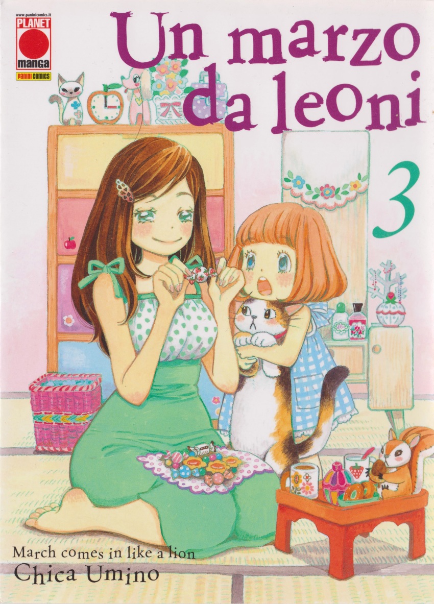 2girls :o absurdres analog_clock animal artist_name bare_arms bare_shoulders barefoot basket bedroom blue_dress blush blush_stickers bouquet bowl bowl_cut breasts brown_hair candy candy_wrapper cat clock closed_mouth copyright_name cover cup doll dot_nose dress eyelashes fingernails flower food full_body green_dress hair_ornament hairclip half-closed_eyes happy highres holding holding_animal holding_candy holding_cat holding_food indoors kawamoto_akari kawamoto_momo large_breasts long_hair looking_down multiple_girls nightstand official_art open_mouth orange_hair plaid_clothes plaid_dress polka_dot polka_dot_dress sangatsu_no_lion shadow short_dress siblings sisters sitting sleeveless sleeveless_dress smile spaghetti_strap spoon squirrel stuffed_animal stuffed_squirrel stuffed_toy sweets table tatami teeth towel toy umino_chika upper_teeth_only wariza