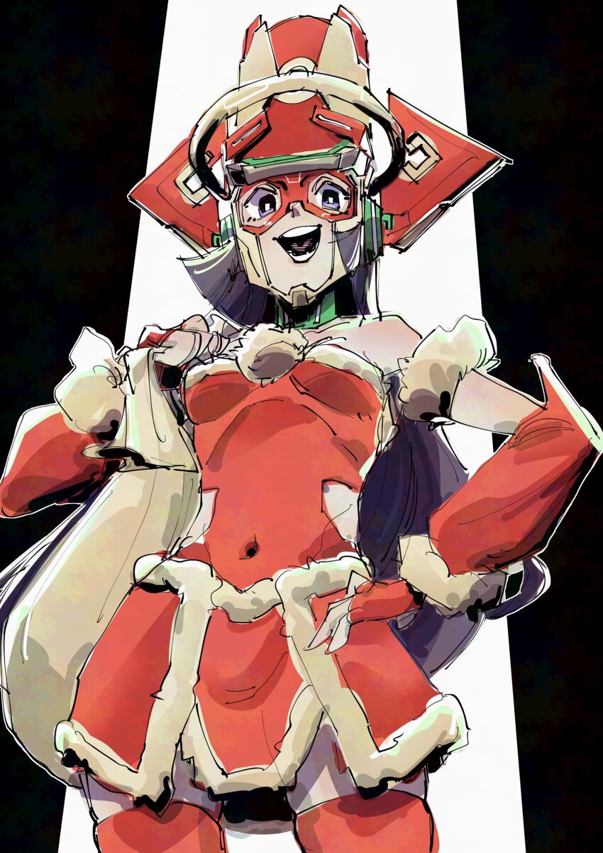 1girl :d adapted_costume bag black_hair covered_navel detached_sleeves fur-trimmed_sleeves fur_trim galacta hand_on_own_hip helmet highres holding holding_bag long_hair looking_at_viewer marvel open_mouth pillarboxed purple_eyes red_helmet santa_costume smile square_pupils superebiseeeen white_background