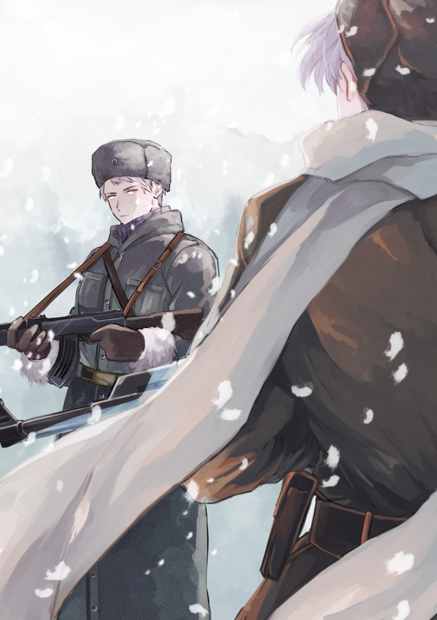 2boys absurdres axis_powers_hetalia back belt black_belt black_coat black_gloves black_hat black_sweater buttons closed_mouth coat cowboy_shot day gloves goro_nyanko grey_coat grey_hair grey_scarf gun hat highres holding holding_gun holding_weapon hood hooded_coat long_sleeves looking_at_another male_focus multiple_boys outdoors pocket prussia_(hetalia) red_eyes russia_(hetalia) scarf short_hair sky snowing standing sweater turtleneck turtleneck_sweater weapon white_sky