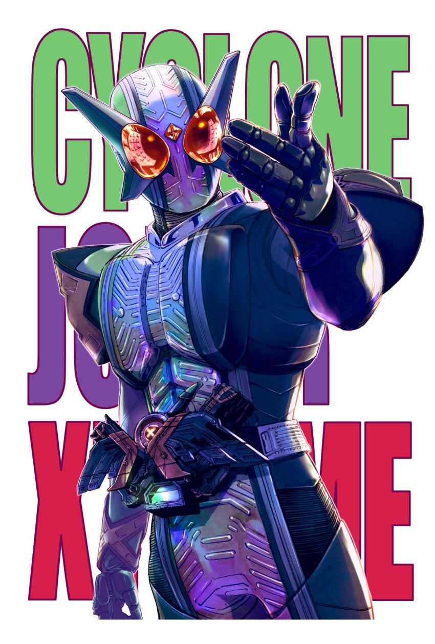 1boy armor commentary_request double_driver english_text fuuto_tantei highres kamen_rider kamen_rider_double kamen_rider_double_(cyclonejokerxtreme) kamen_rider_w looking_at_viewer pointing pointing_at_viewer red_eyes rider_belt sato_masaki_(masayakofu) simple_background tokusatsu white_background