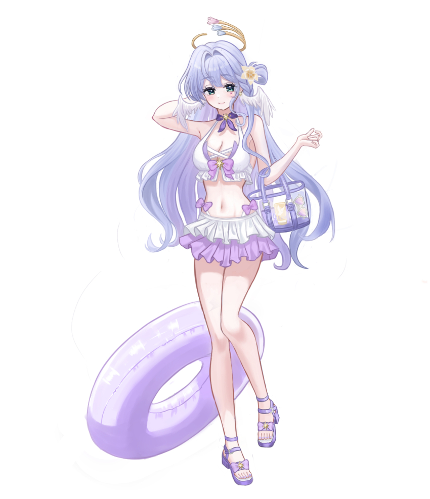 1girl alternate_costume arm_behind_head bag bikini blue_eyes blush bow breasts cleavage closed_mouth commentary facial_mark feathered_wings flower frilled_bikini frills full_body hair_flower hair_ornament halo handbag hashtag-only_commentary head_wings highres honkai:_star_rail honkai_(series) large_breasts long_hair looking_at_viewer navel purple_bow purple_hair purple_innertube purple_sandals robin_(honkai:_star_rail) sandals see-through_bag seolhae simple_background smile solo standing stomach swimsuit toenails very_long_hair white_background white_bikini white_wings wings yellow_flower