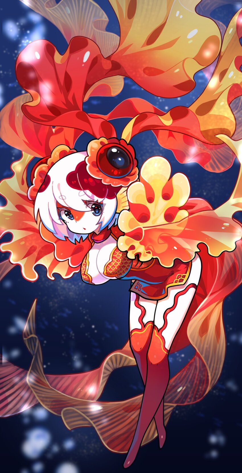 1girl :o absurdres blue_eyes breasts china_dress chinese_clothes cleavage colored_skin dress extra_eyes eyelashes fins fish_girl gills head_fins highres hikimayu leaning_forward looking_at_viewer monster_girl multicolored_hair multicolored_skin orange_skin original red_dress red_hair solo tanpopo_hayabusa-maru thighhighs two-tone_hair underwater white_hair white_skin
