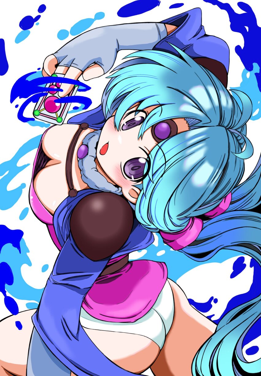 1girl :o antenna_hair aqua_hair arched_back ass bare_legs belt blue_capelet blue_hair blush breasts capelet card circlet commentary downblouse fingerless_gloves gem gloves hair_tie haou_taikei_ryuu_knight highres holding holding_card kobawan_dam long_hair looking_at_viewer low_twintails open_mouth paffy_pafuricia panties purple_eyes shoulder_pads solo twintails underwear water white_panties