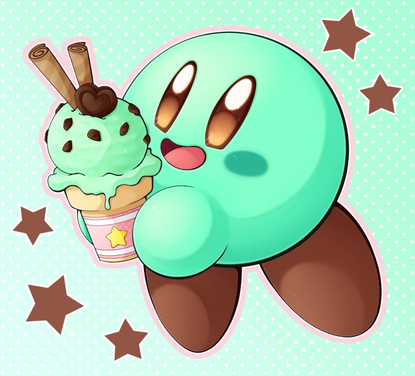 alternate_color blush_stickers brown_eyes candy chocolate chocolate_heart food heart highres holding holding_food holding_ice_cream ice_cream kirby kirby_(series) mint_chocolate_(razschi) mint_chocolate_chip nintendo no_humans open_mouth outline polka_dot polka_dot_background slys_(jesterdysphoria) smile solid_oval_eyes solo star_(symbol) wafer_stick