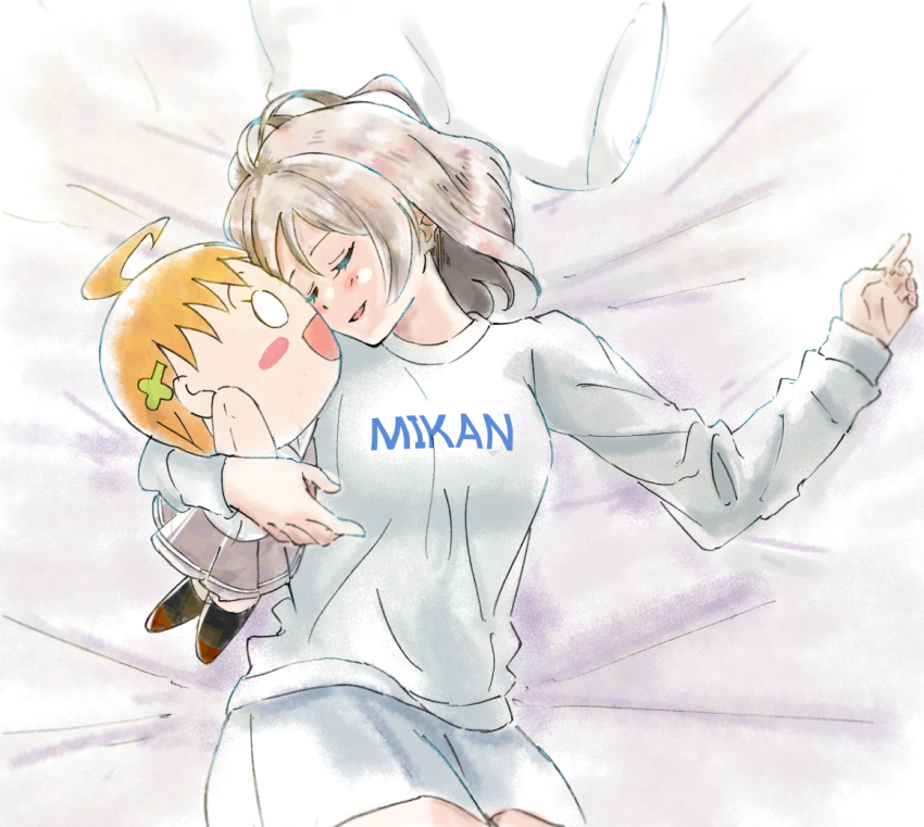 1girl bed blush brown_hair love_live! love_live!_sunshine!! lying nesoberi pillow short_hair simple_background skt_(ryxxxxx) smile stuffed_toy takami_chika thighs watanabe_you